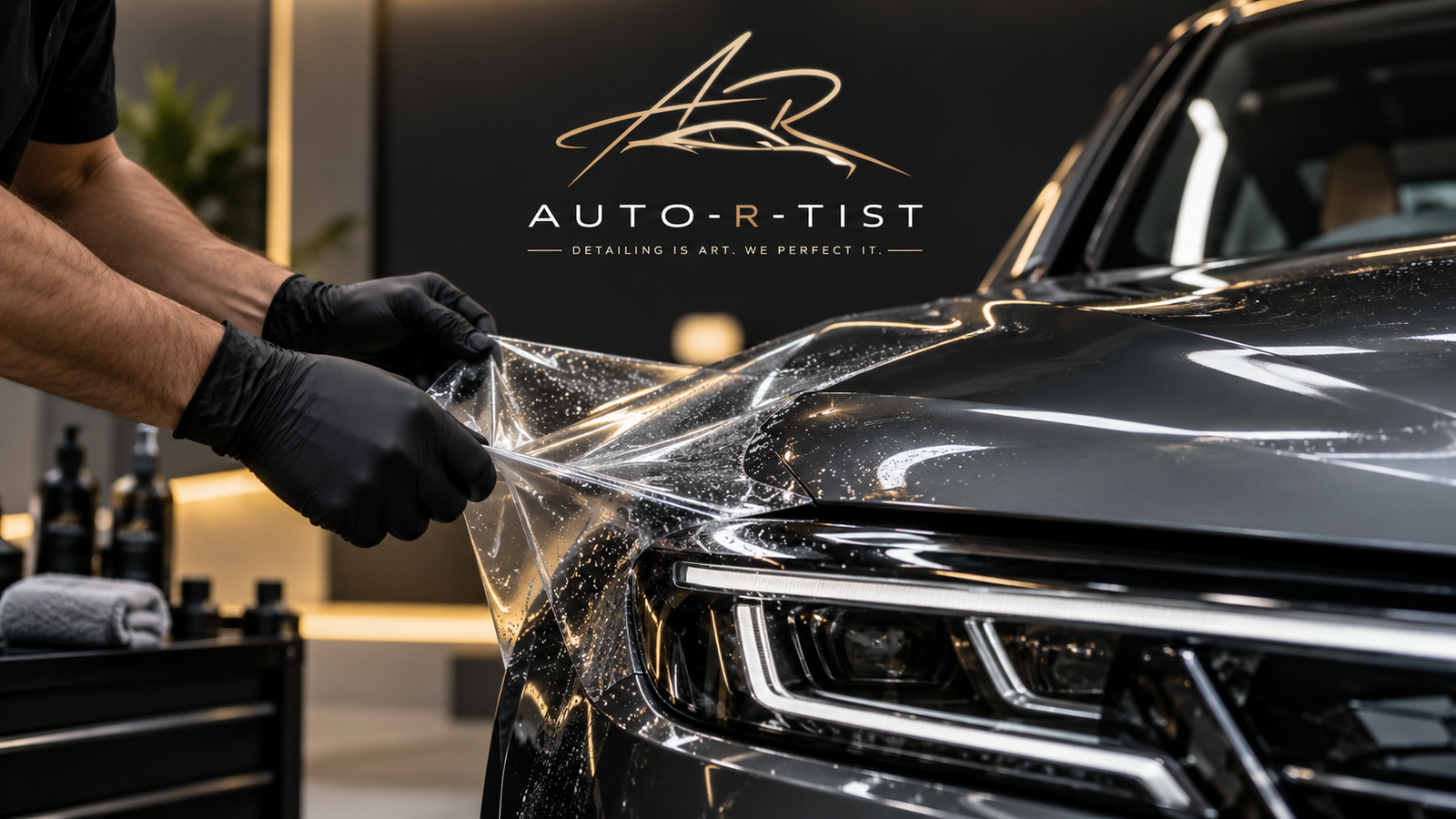 Paint protection film being professionally installed on a car for long-term paint protection