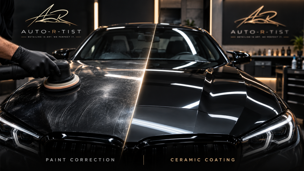 Paint correction and ceramic coating being performed on a luxury car