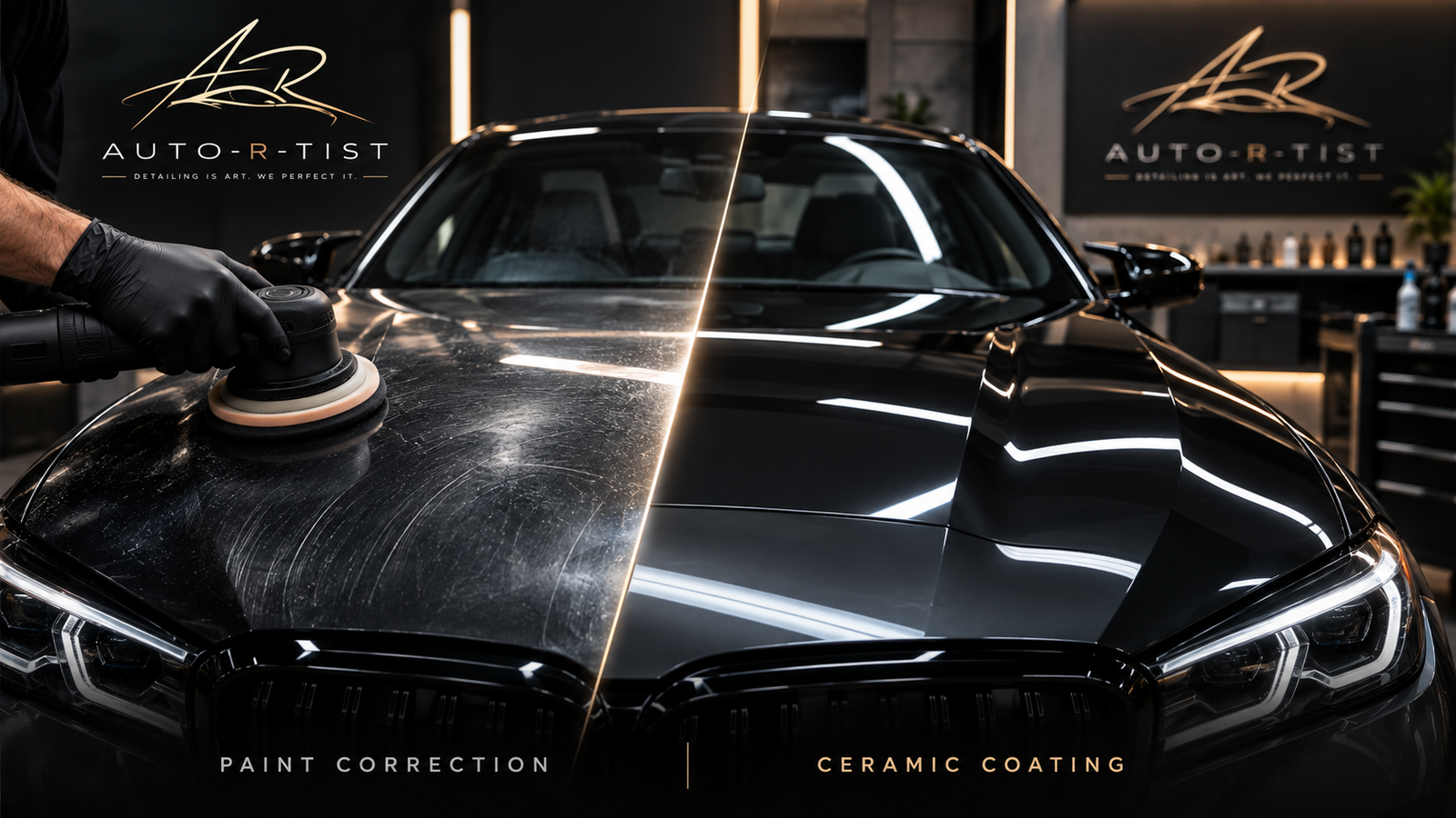 Paint correction and ceramic coating being performed on a luxury car
