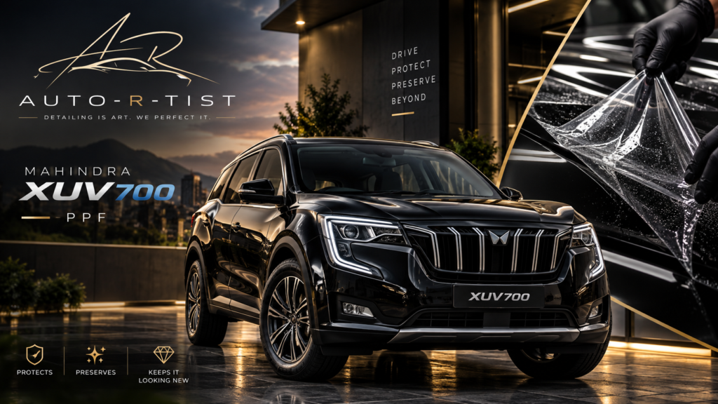 Mahindra XUV700 with paint protection film being professionally installed