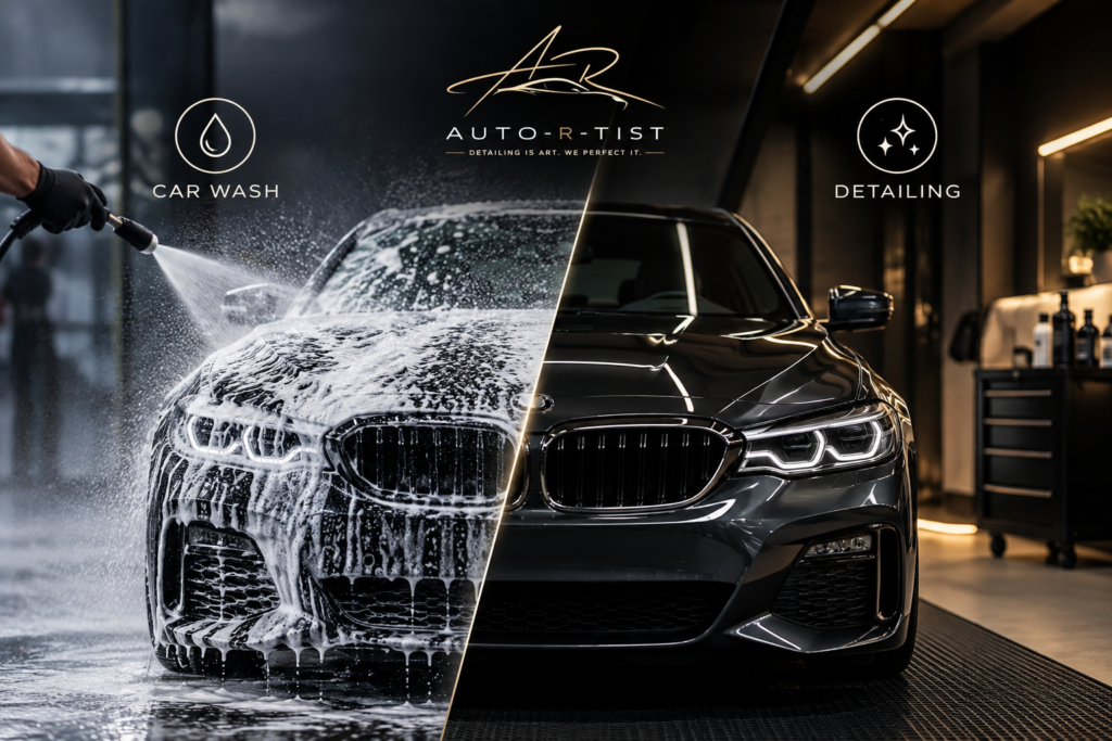 Car detailing vs car wash comparison showing a luxury car being washed and professionally detailed