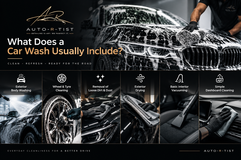 What does a car wash usually include – exterior car washing, wheel and tyre cleaning, interior vacuuming, dashboard cleaning and vehicle drying