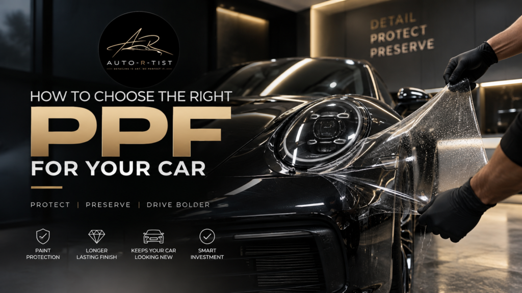 Black car receiving professional Paint Protection Film installation in an Auto-R-Tist detailing studio