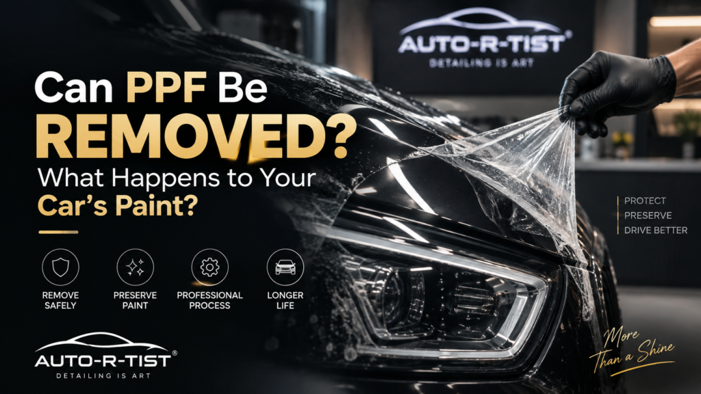 Professional PPF removal from a black car showing the protected paint underneath