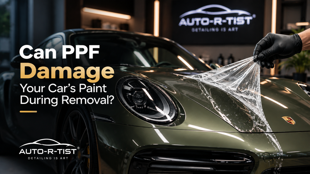Gloved hand peeling paint protection film off a car: can PPF damage paint during removal?