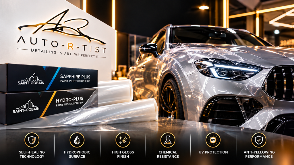 Saint-Gobain PPF Sapphire Plus and Hydro-Plus displayed with a luxury car and Auto-R-Tist detailing studio logo.