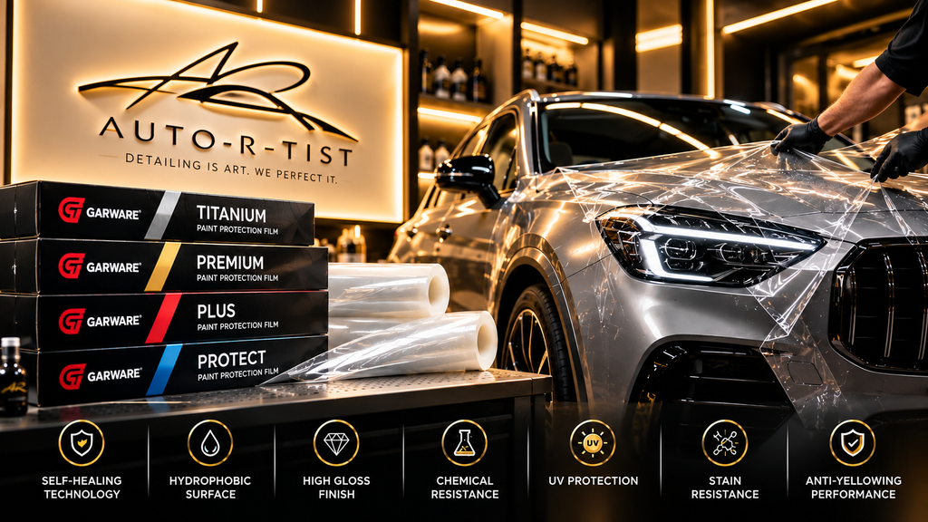 Garware PPF Titanium, Premium, Plus and Protect films displayed with a luxury car and Auto-R-Tist detailing studio.