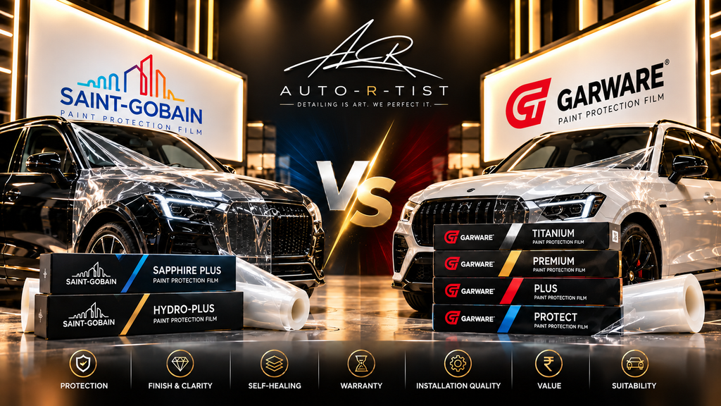 Saint-Gobain vs Garware PPF comparison featuring luxury cars, PPF products, protection factors and Auto-R-Tist detailing studio.