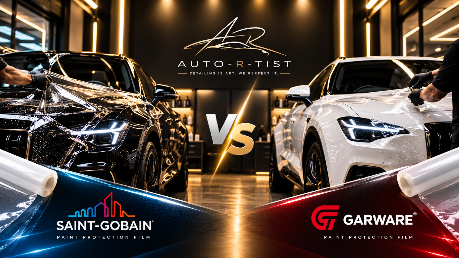 Saint-Gobain vs Garware PPF comparison with two luxury cars and Auto-R-Tist detailing studio