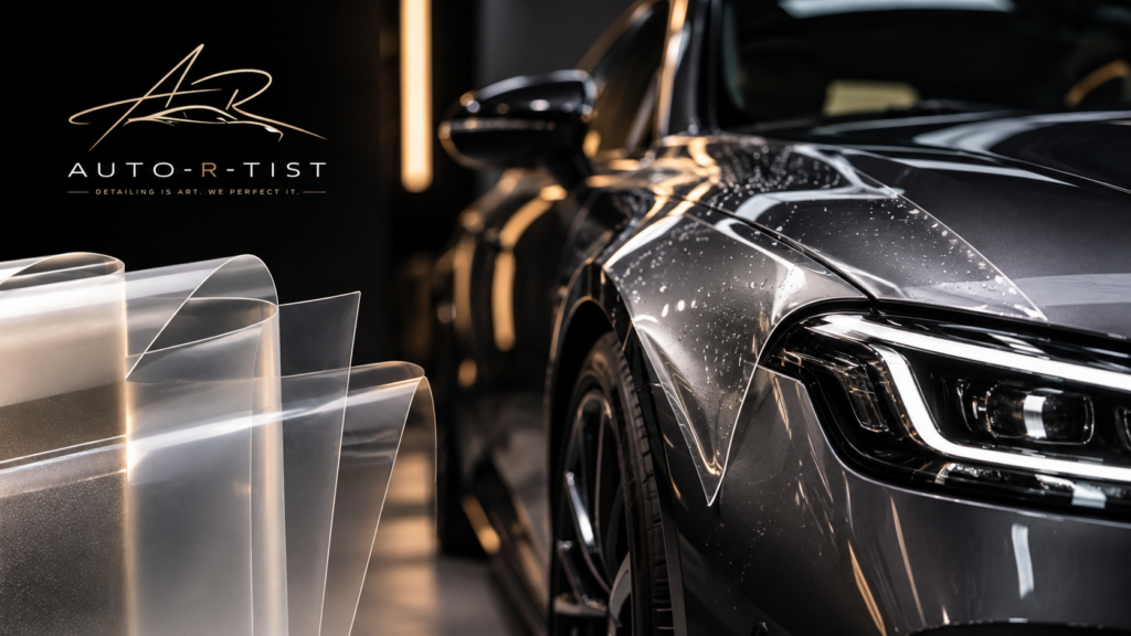 PPF thickness comparison showing 180, 190 and 200 micron Paint Protection Film on a car