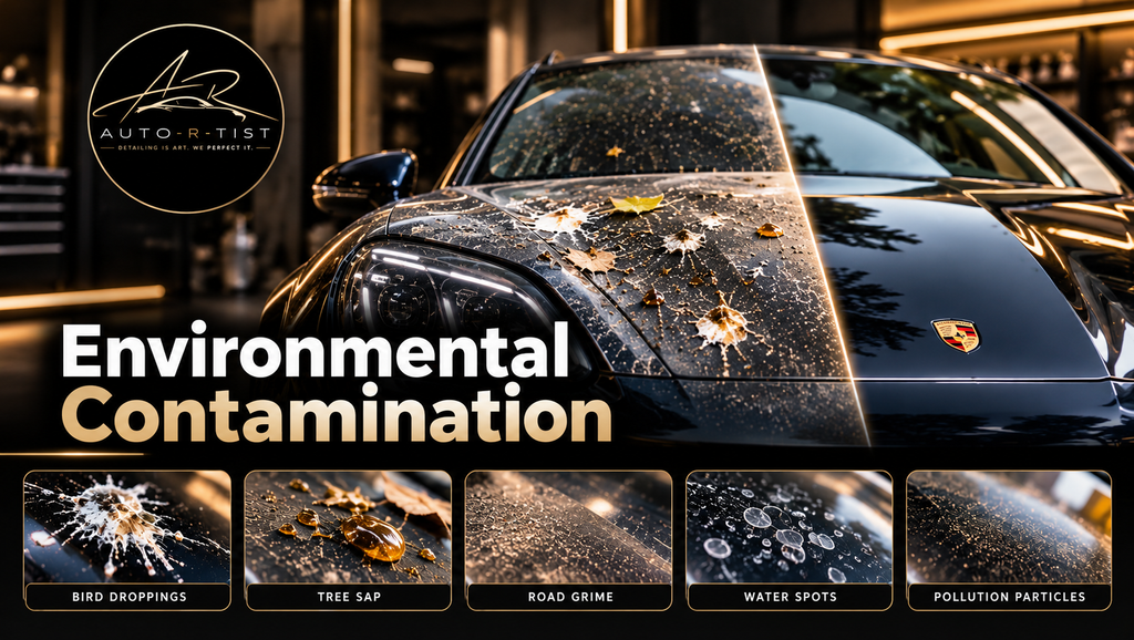 Environmental contamination on PPF showing bird droppings, tree sap, road grime, water spots and pollution particles on a car