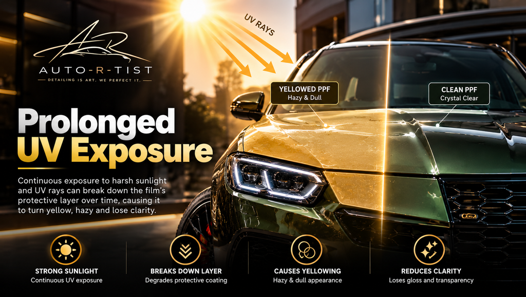 Prolonged UV exposure causing PPF yellowing, haze and reduced clarity on a car | Auto-R-Tist