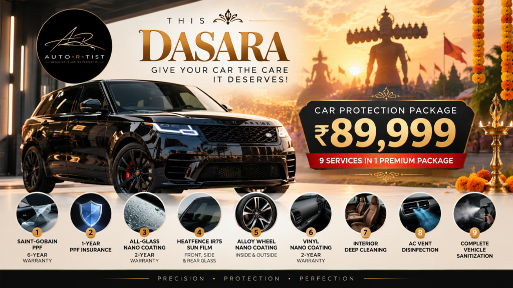 Auto-R-Tist Dasara Car Protection Package at ₹89,999 featuring Saint-Gobain PPF, HeatFence IR75 sun film, nano coating and interior detailing services.