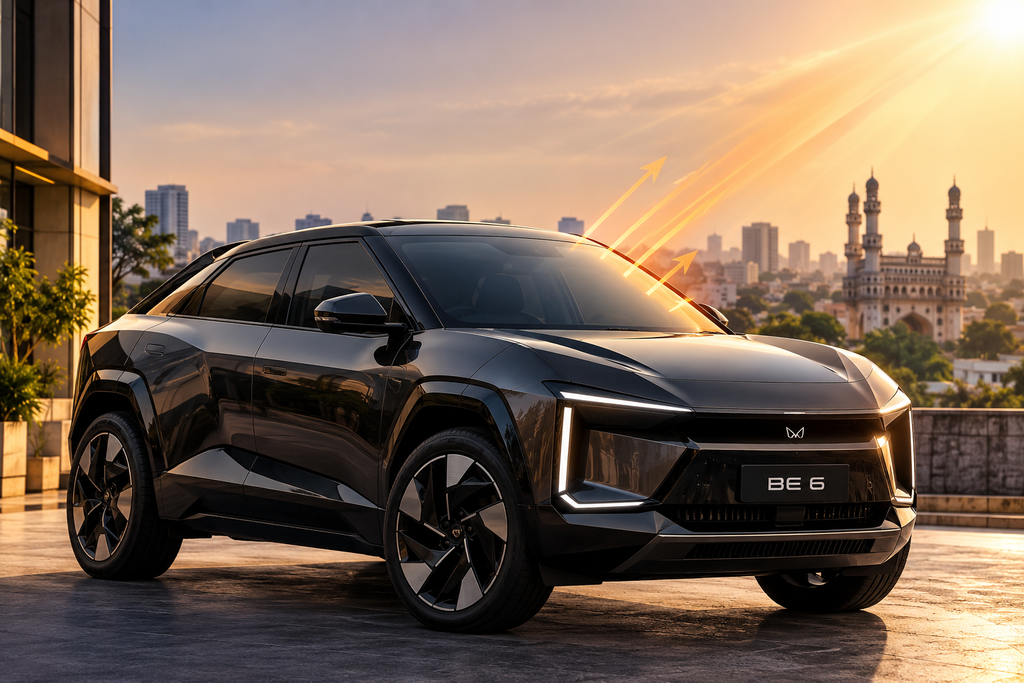 Mahindra BE 6 with premium sun control film installed, parked in Hyderabad under bright sunlight, showcasing heat-reducing window film and a sleek futuristic electric SUV design.