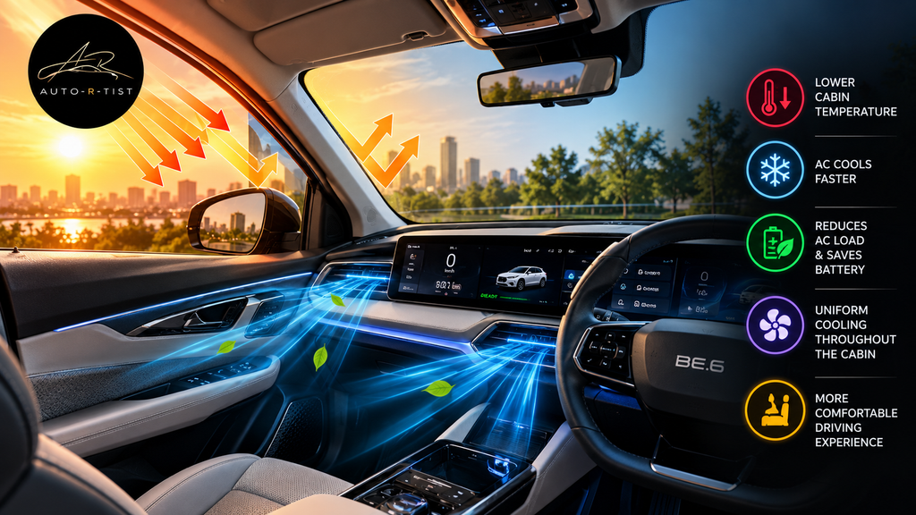 Mahindra BE 6 EV cabin air conditioning and heat management with sun control film