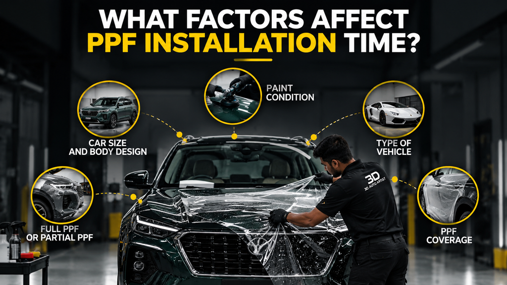 Factors affecting PPF installation time including car size, body design, paint condition, vehicle type and PPF coverage