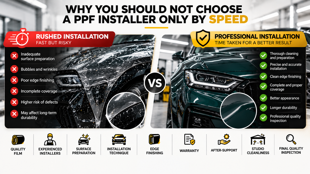 Rushed versus professional PPF installation comparison showing surface preparation, installation technique, edge finishing and final quality inspection