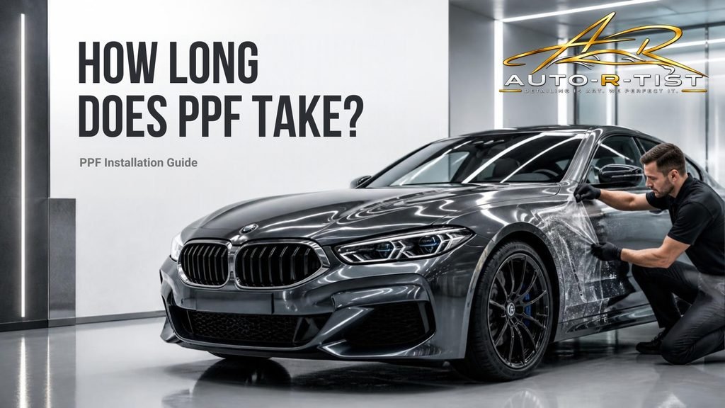 PPF installation time guide showing a car being professionally protected with Paint Protection Film