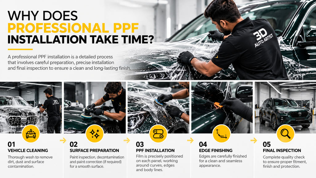 Professional PPF installation process showing vehicle cleaning, surface preparation, PPF application, edge finishing and final inspection