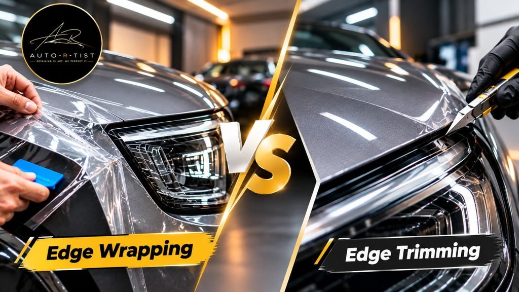 Professional PPF edge trimming during Paint Protection Film installation