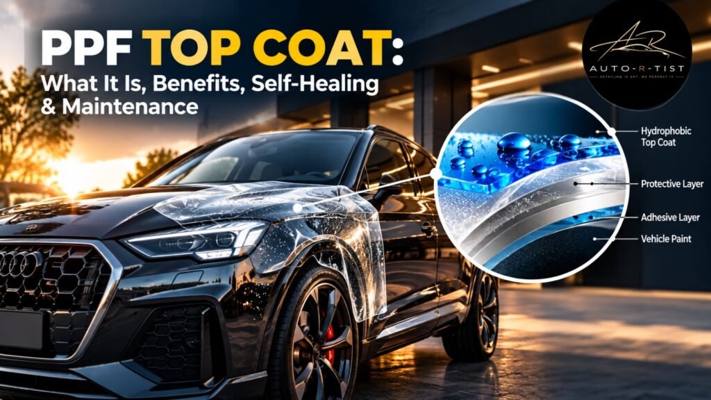 PPF top coat showing hydrophobic and self-healing layers on a car