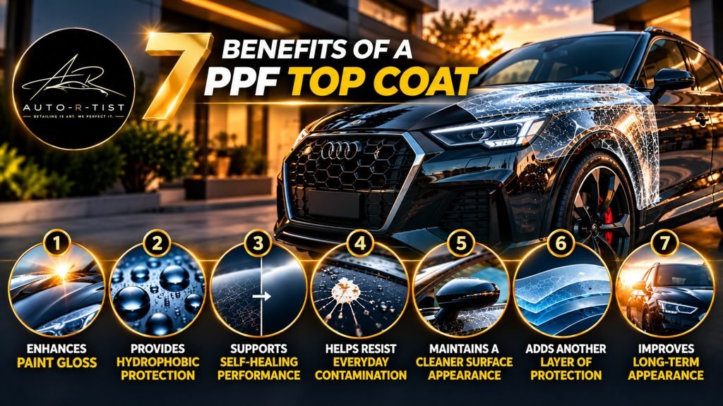 7 benefits of PPF top coat showing enhanced gloss, hydrophobic protection, self-healing, contamination resistance, cleaner surface, added protection and long-term appearance.