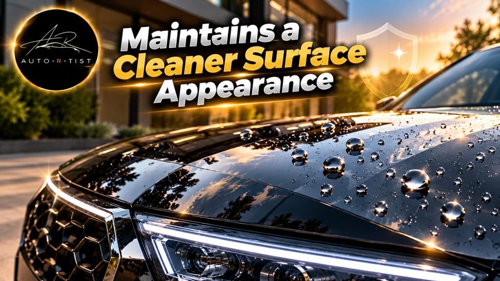 PPF top coat maintaining a cleaner surface appearance with water-repellent droplets on a glossy black car.