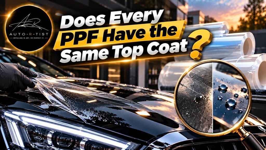 PPF installation on a glossy black car showing different PPF top coat surface properties, including hydrophobic water beading and surface protection.